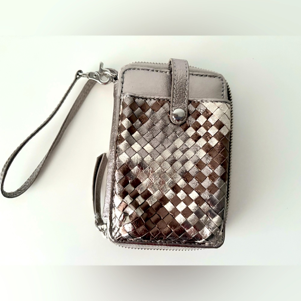 NWOT Elliott Lucca Phone-Wallet Brown/Gold woven Leather Wristlet C.Card holder